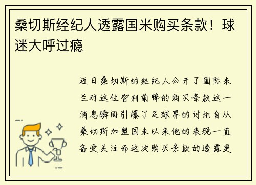 桑切斯经纪人透露国米购买条款！球迷大呼过瘾
